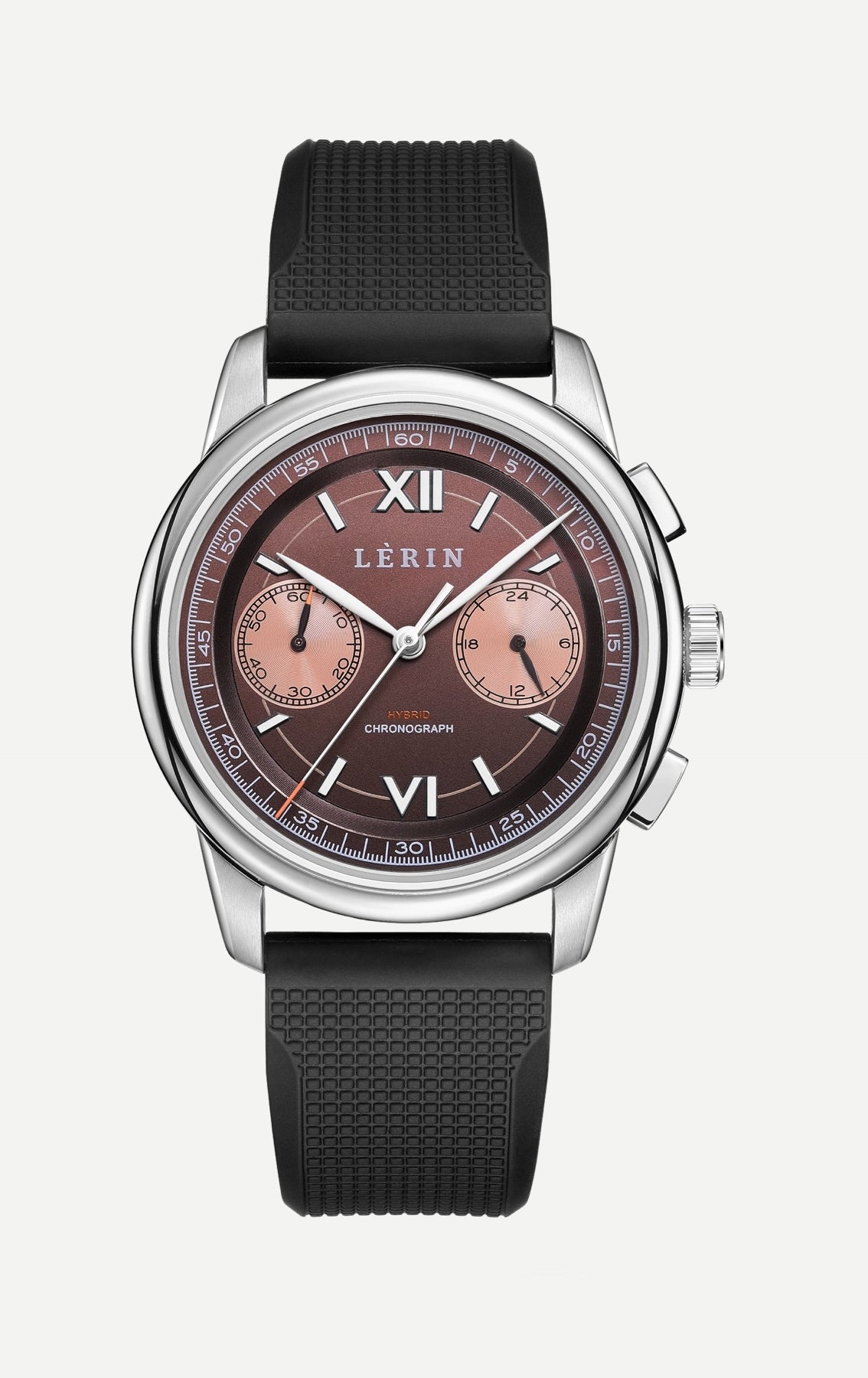 A LERIN chronograph watch with a silver stainless steel case, a dark brown dial with rose-gold subdials and markers, and a textured black rubber strap, shown against a light gray background.