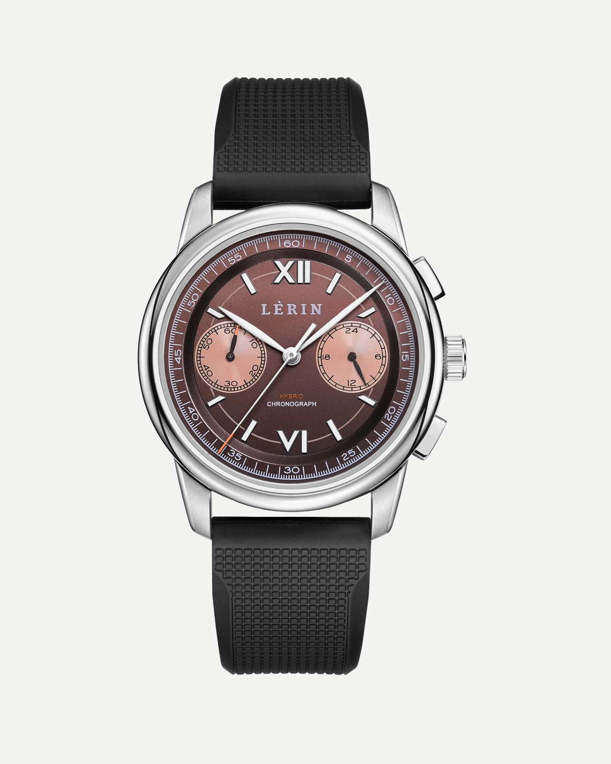 A LERIN chronograph watch with a silver stainless steel case, a dark brown dial with rose-gold subdials and markers, and a textured black rubber strap, shown against a light gray background.