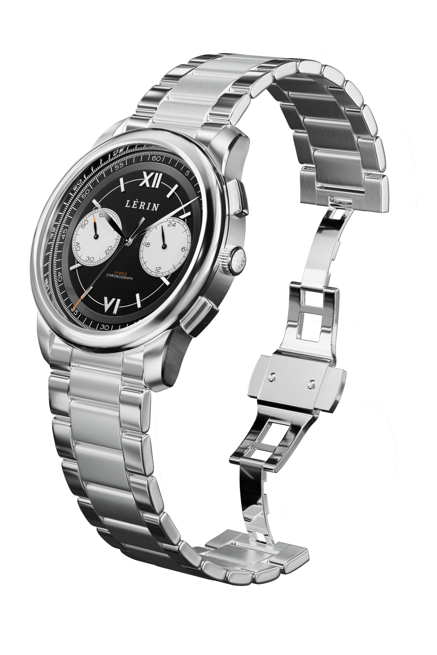 Silver watch with a detailed face on a transparent background