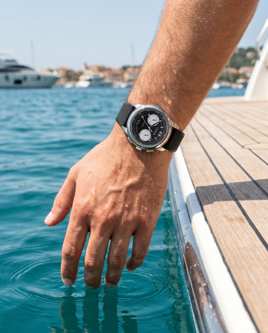 Hand wearing a watch on a boat with water and sky in the background